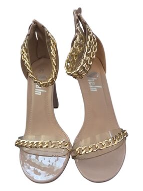 SHEIN Nude Clear Strap Heels with Gold Chain Accent